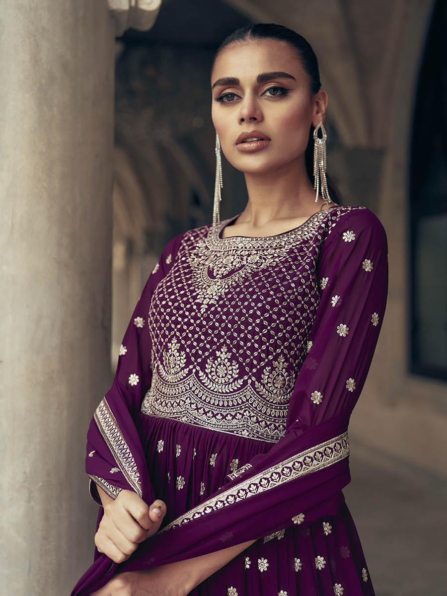 Myra Purple Real Georgette Gharara Style Embroidered Suit | Grocsy