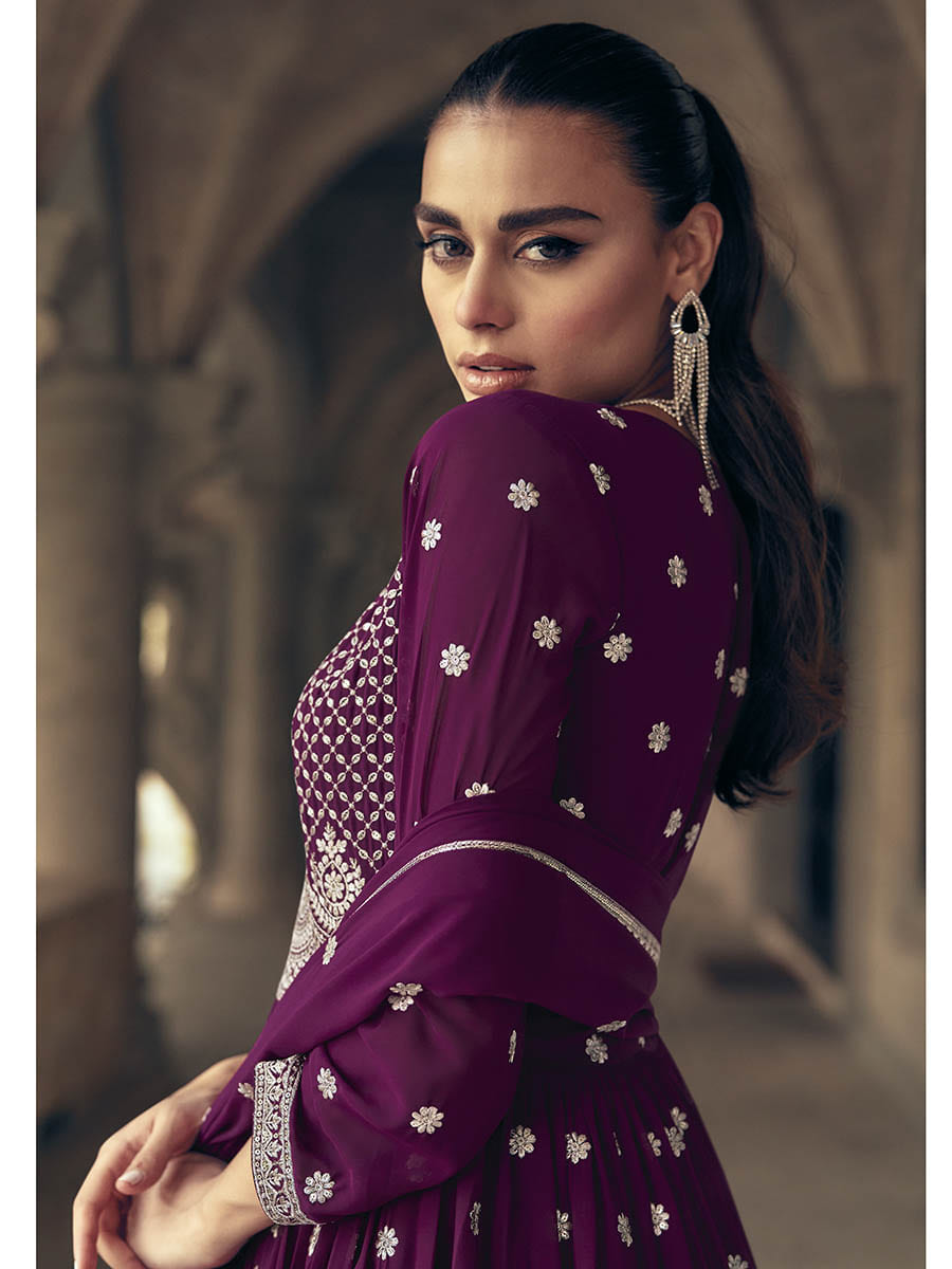 Myra Purple Real Georgette Gharara Style Embroidered Suit | Grocsy