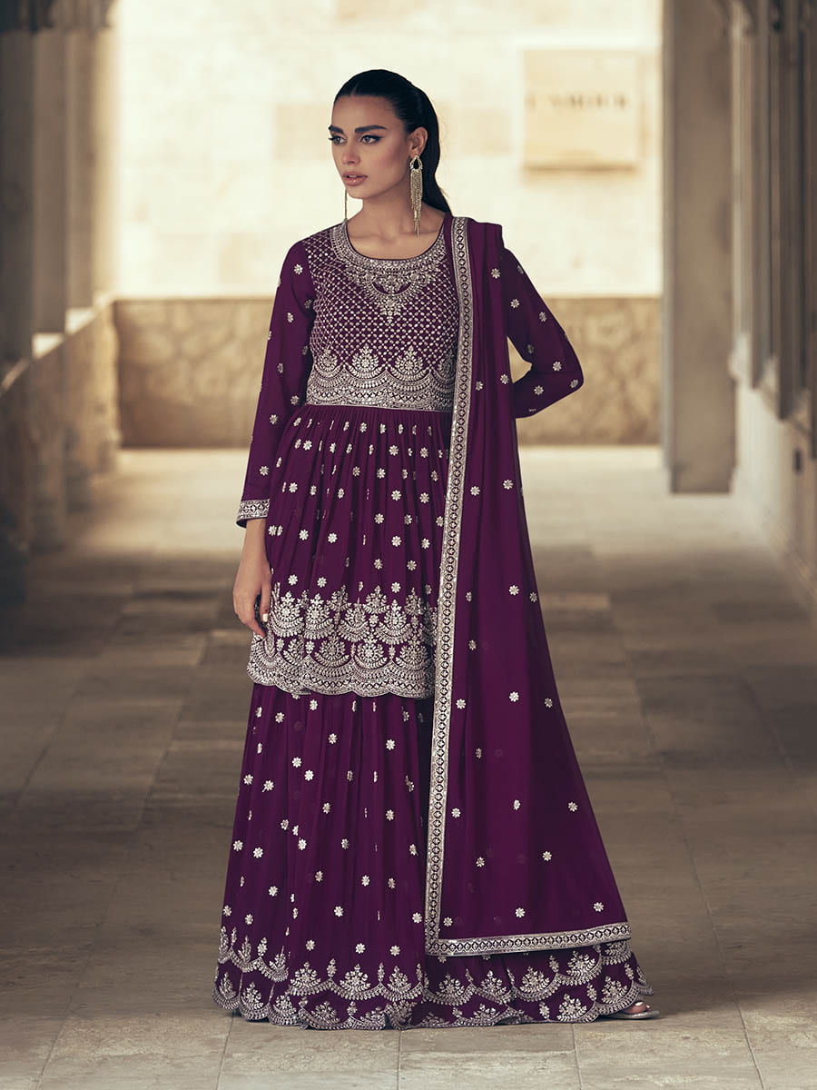 Myra Purple Real Georgette Gharara Style Embroidered Suit | Grocsy