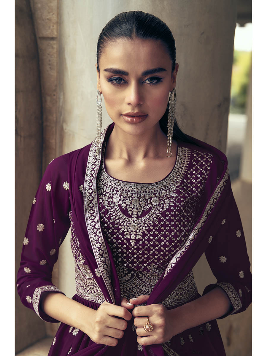 Myra Purple Real Georgette Gharara Style Embroidered Suit | Grocsy