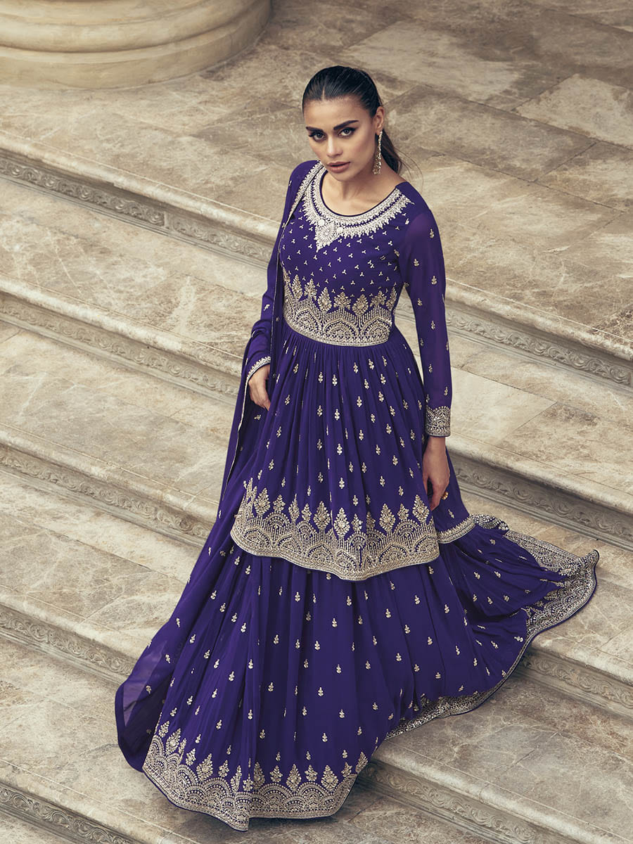 Myra Violet Real Georgette Gharara Style Embroidered Suit | Grocsy
