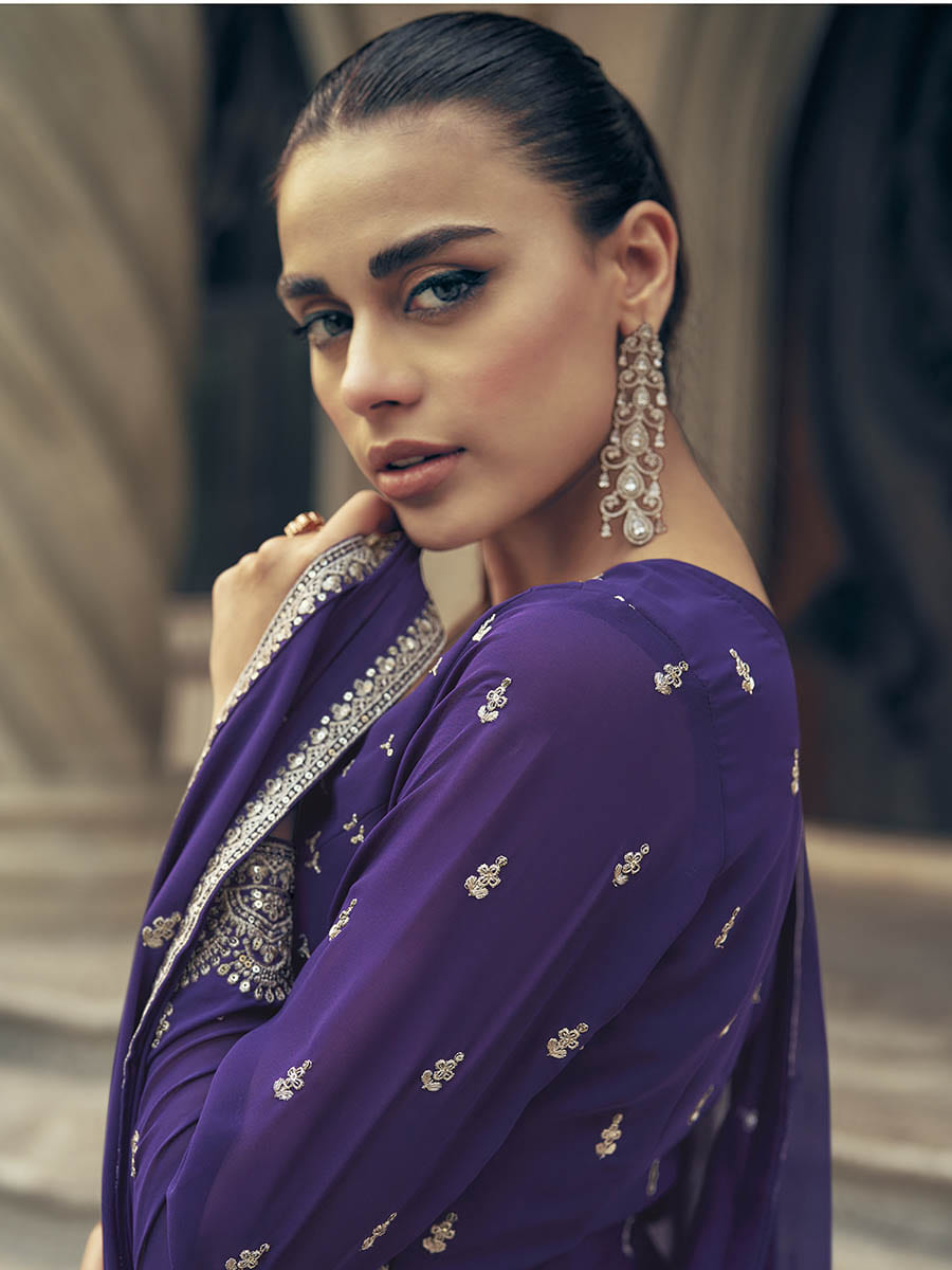 Myra Violet Real Georgette Gharara Style Embroidered Suit | Grocsy