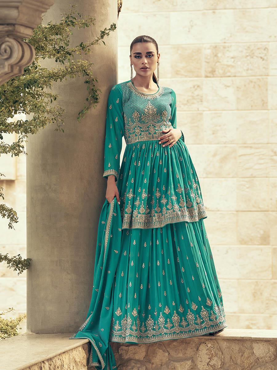 Myra Sea Green Real Georgette Gharara Style Embroidered Suit | Grocsy