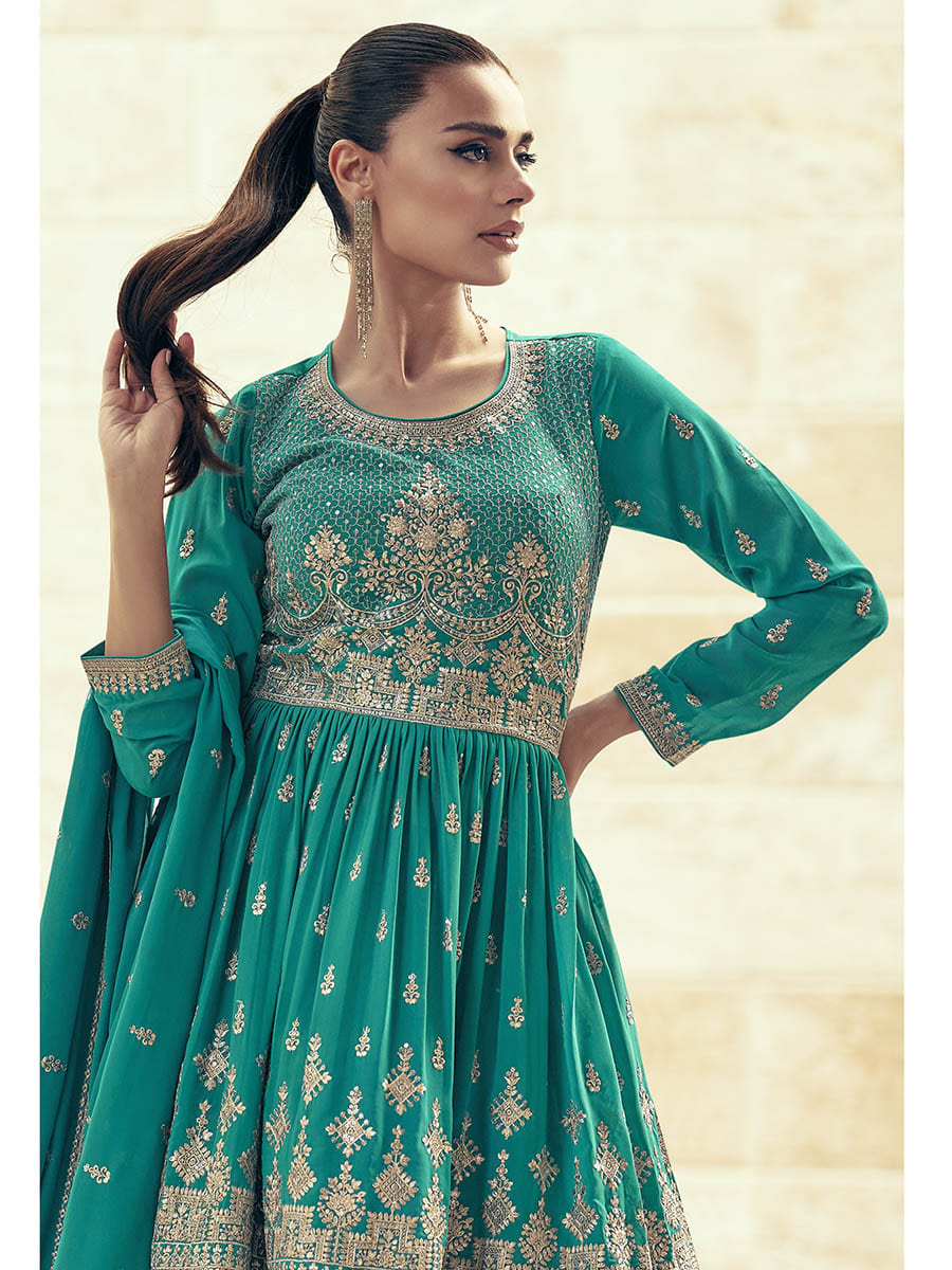 Myra Sea Green Real Georgette Gharara Style Embroidered Suit | Grocsy