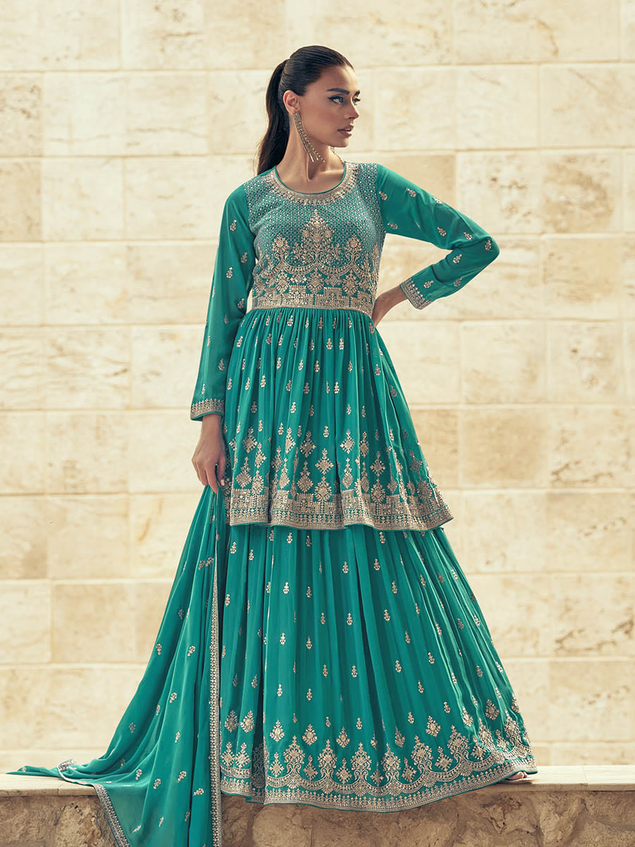 Myra Sea Green Real Georgette Gharara Style Embroidered Suit | Grocsy