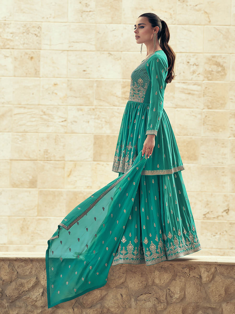 Myra Sea Green Real Georgette Gharara Style Embroidered Suit | Grocsy