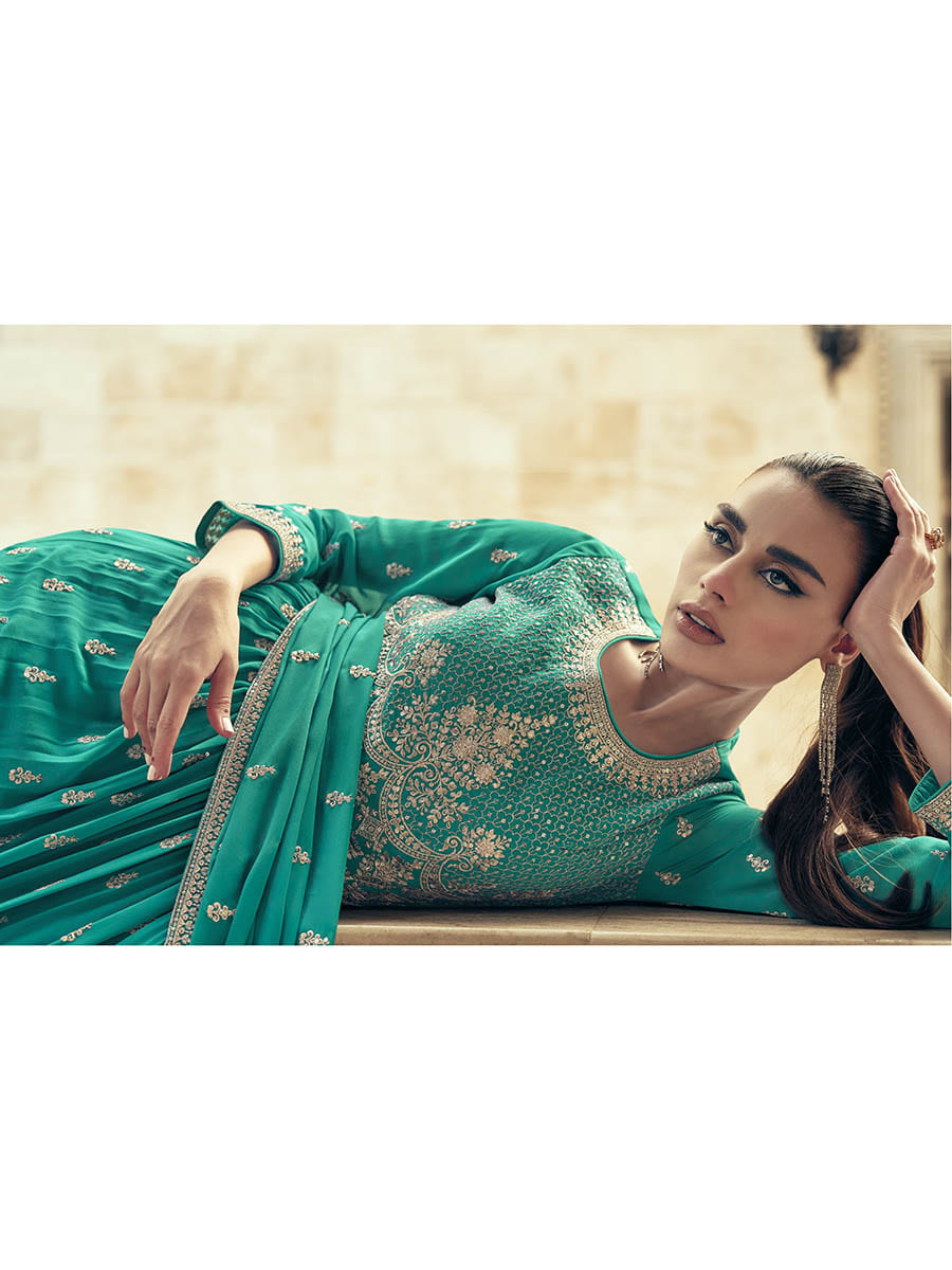 Myra Sea Green Real Georgette Gharara Style Embroidered Suit | Grocsy