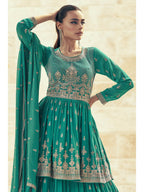 Myra Sea Green Real Georgette Gharara Style Embroidered Suit | Grocsy