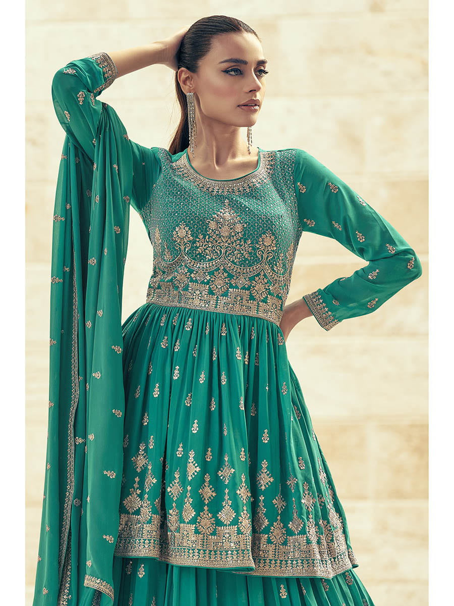 Myra Sea Green Real Georgette Gharara Style Embroidered Suit | Grocsy