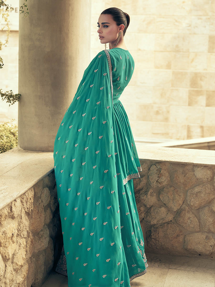 Myra Sea Green Real Georgette Gharara Style Embroidered Suit | Grocsy