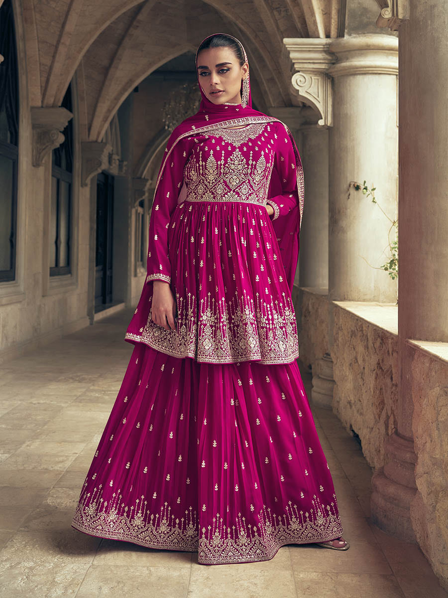 Myra Rani Real Georgette Gharara Style Embroidered Suit | Grocsy