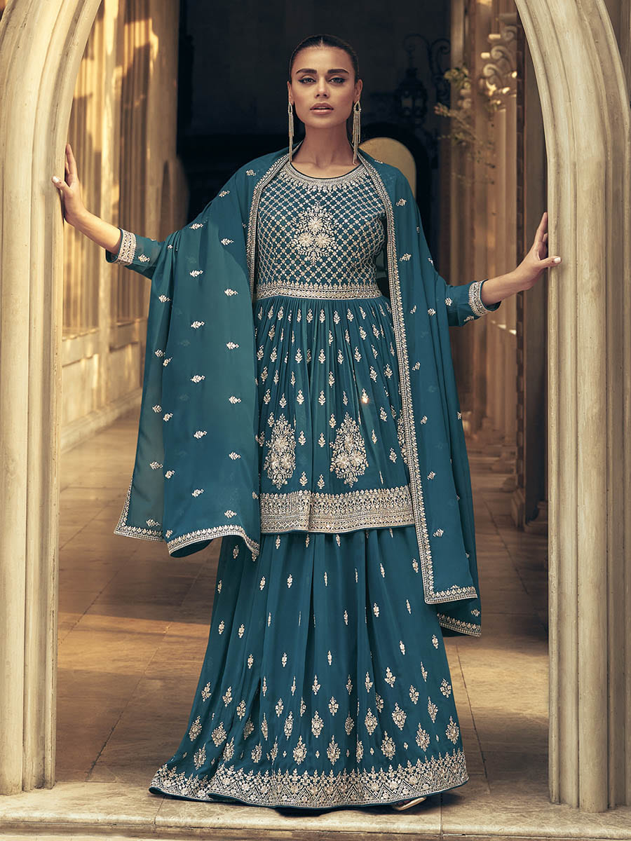 Myra Firozi Real Georgette Gharara Style Embroidered Suit | Grocsy