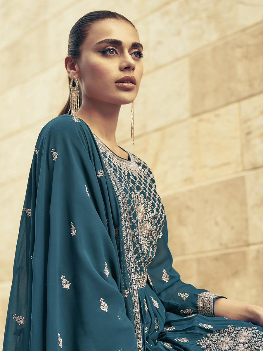 Myra Firozi Real Georgette Gharara Style Embroidered Suit | Grocsy