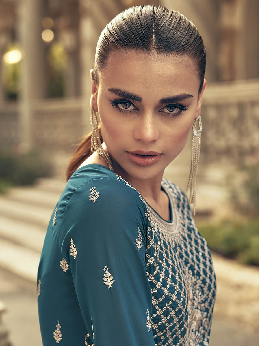 Myra Firozi Real Georgette Gharara Style Embroidered Suit | Grocsy
