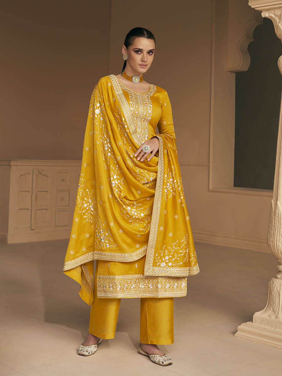 Myra Mustard Yellow Premium Silk Embroidered Pant Style Suit | Grocsy