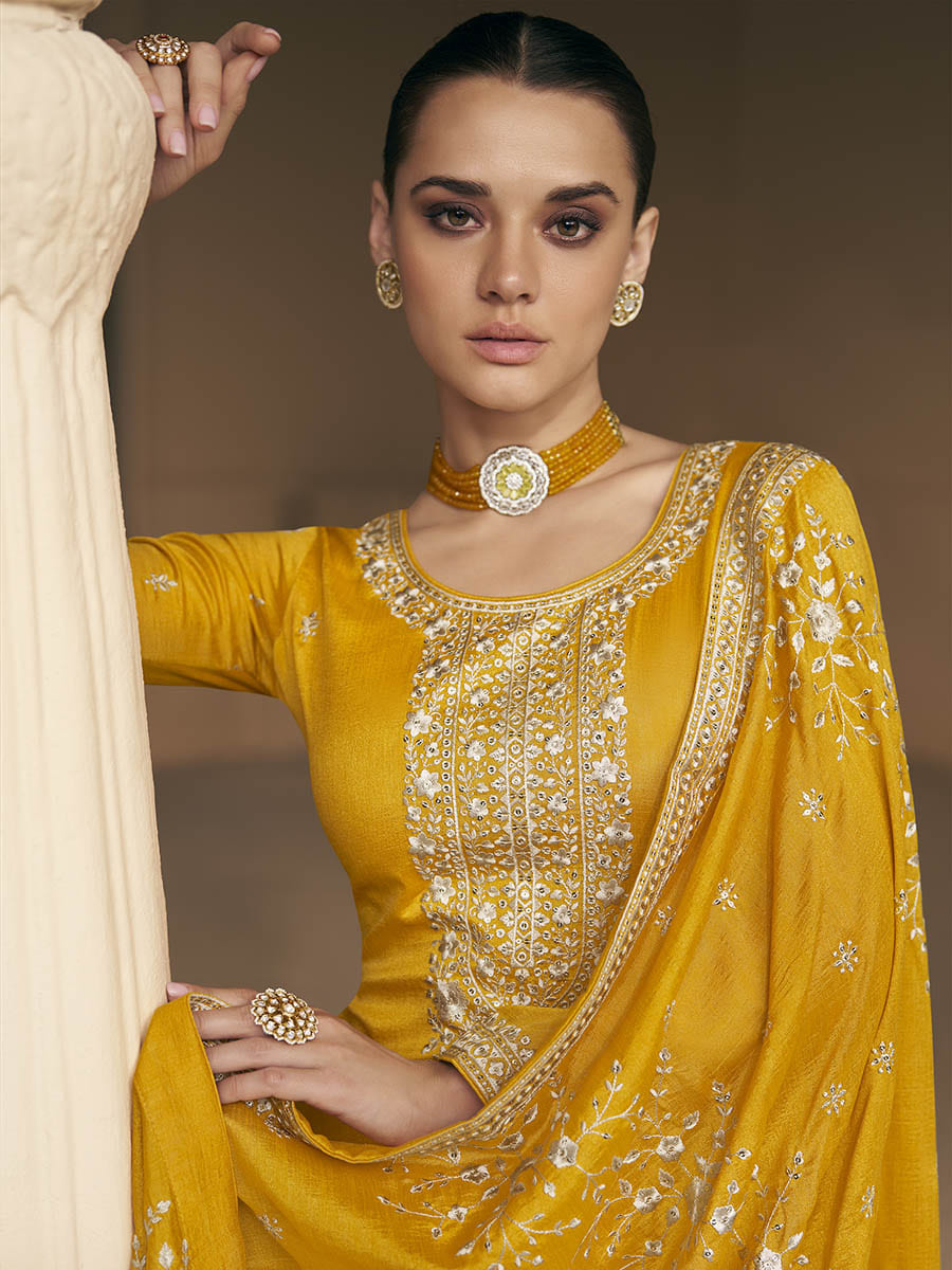 Myra Mustard Yellow Premium Silk Embroidered Pant Style Suit | Grocsy