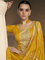 Myra Mustard Yellow Premium Silk Embroidered Pant Style Suit | Grocsy