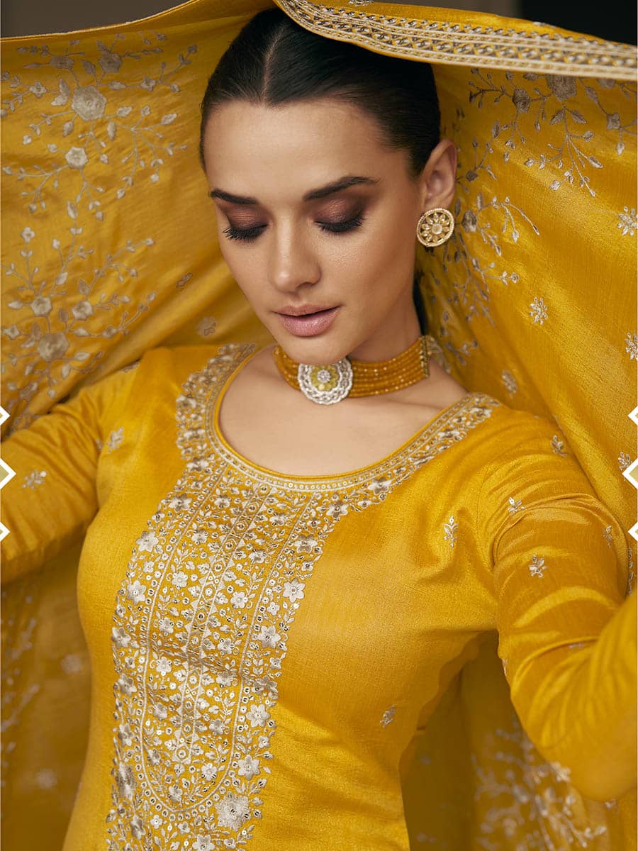 Myra Mustard Yellow Premium Silk Embroidered Pant Style Suit | Grocsy