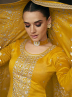 Myra Mustard Yellow Premium Silk Embroidered Pant Style Suit | Grocsy
