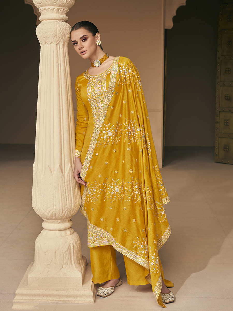 Myra Mustard Yellow Premium Silk Embroidered Pant Style Suit | Grocsy