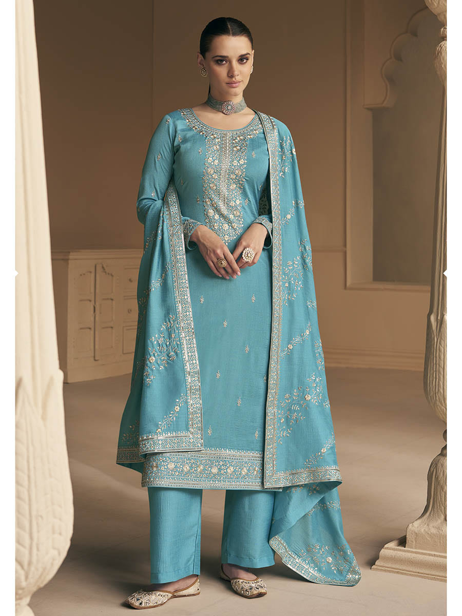Myra Sky Blue Premium Silk Embroidered Pant Style Suit | Grocsy