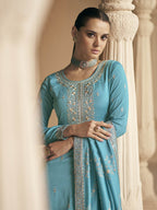 Myra Sky Blue Premium Silk Embroidered Pant Style Suit | Grocsy