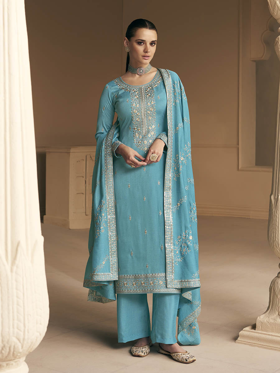 Myra Sky Blue Premium Silk Embroidered Pant Style Suit | Grocsy