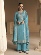 Myra Sky Blue Premium Silk Embroidered Pant Style Suit | Grocsy