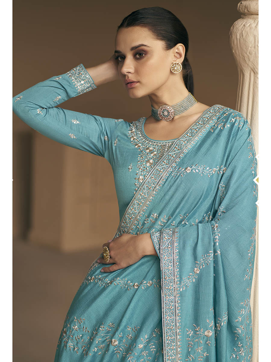 Myra Sky Blue Premium Silk Embroidered Pant Style Suit | Grocsy