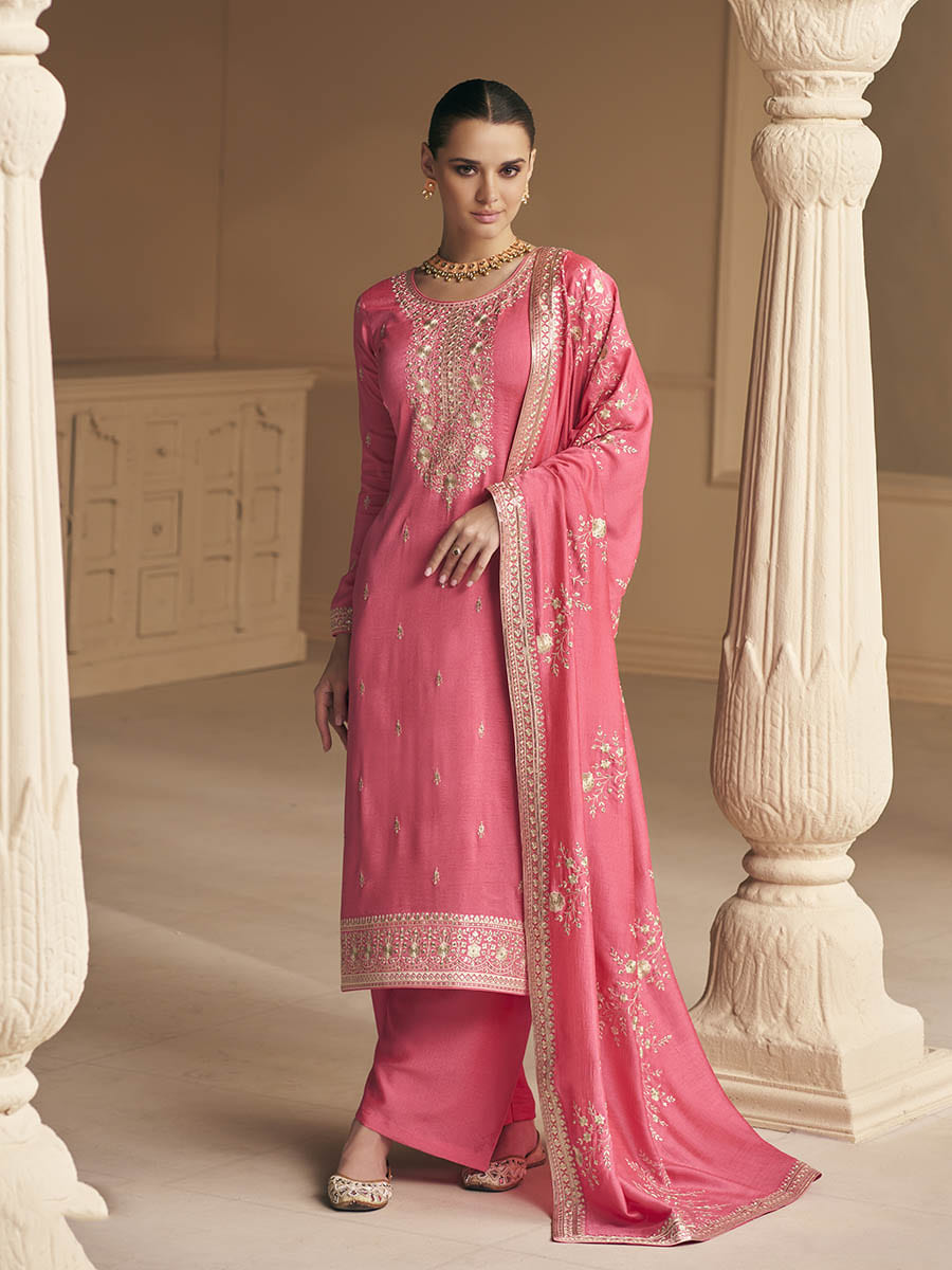 Myra Coral Premium Silk Embroidered Pant Style Suit | Grocsy