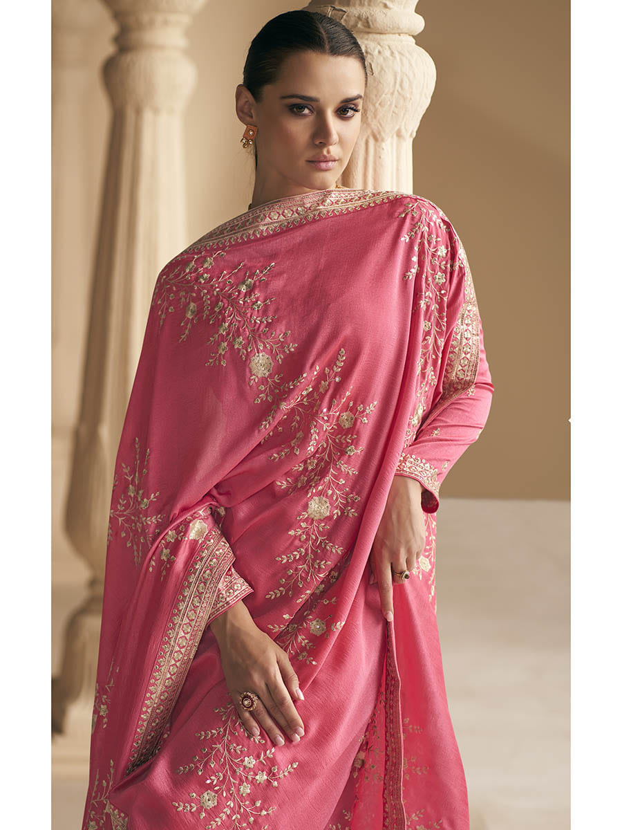 Myra Coral Premium Silk Embroidered Pant Style Suit | Grocsy