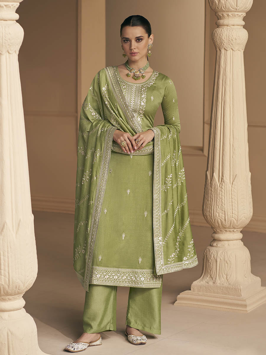 Myra Pista Green Premium Silk Embroidered Pant Style Suit | Grocsy