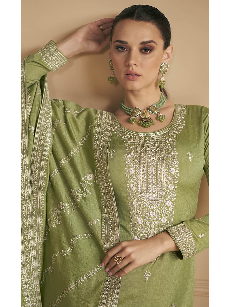 Myra Pista Green Premium Silk Embroidered Pant Style Suit | Grocsy