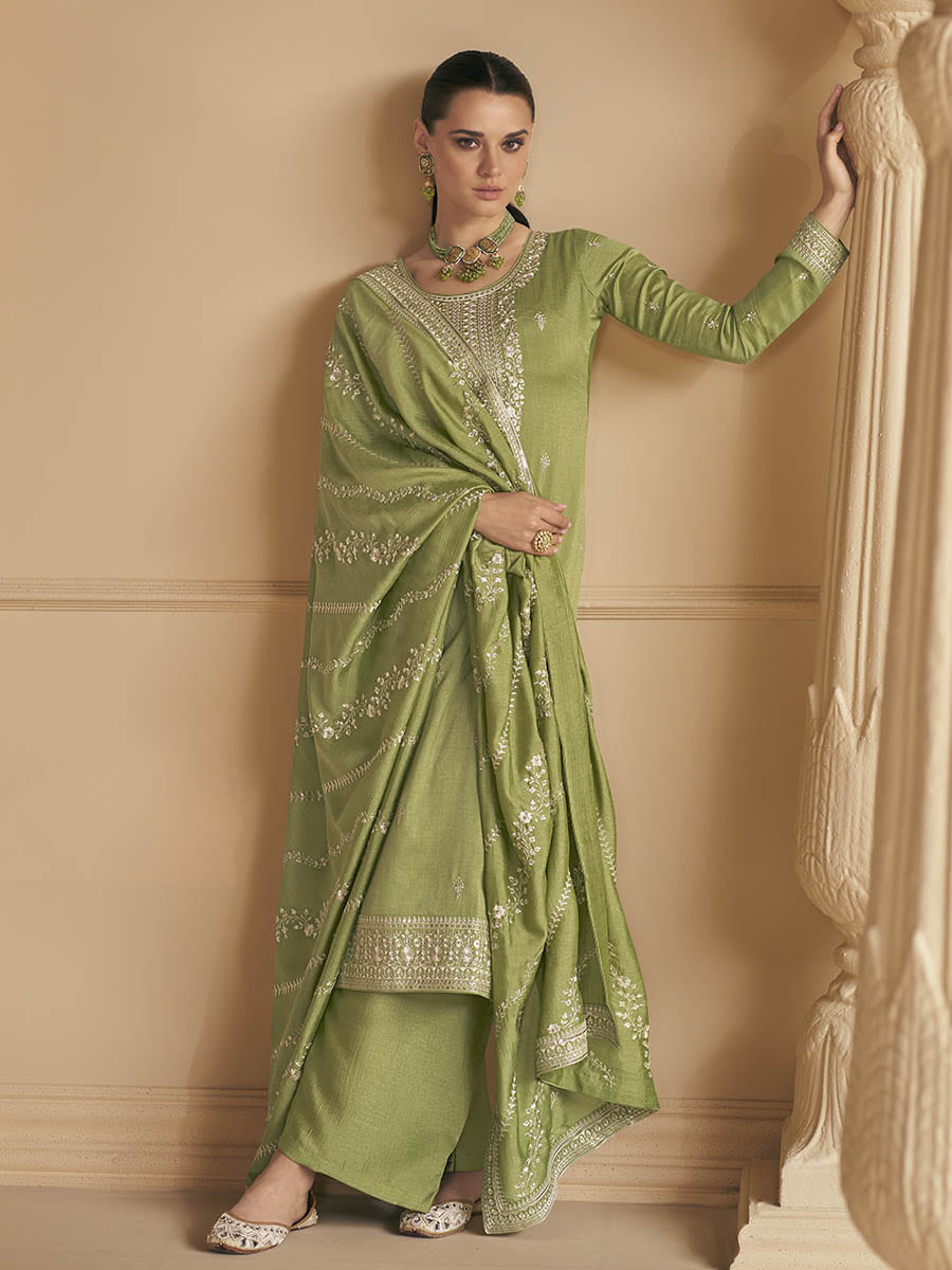 Myra Pista Green Premium Silk Embroidered Pant Style Suit | Grocsy