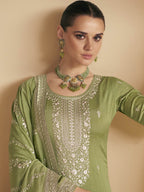 Myra Pista Green Premium Silk Embroidered Pant Style Suit | Grocsy