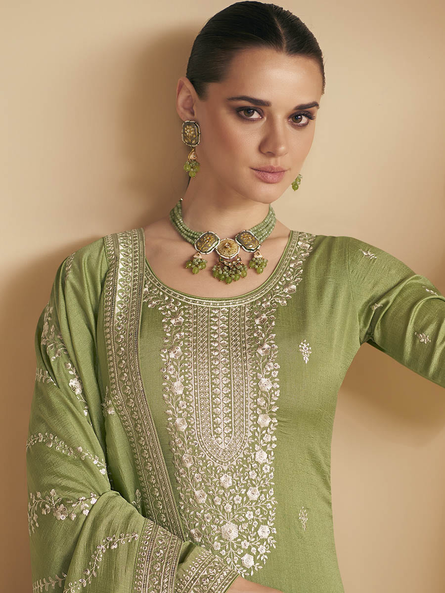 Myra Pista Green Premium Silk Embroidered Pant Style Suit | Grocsy