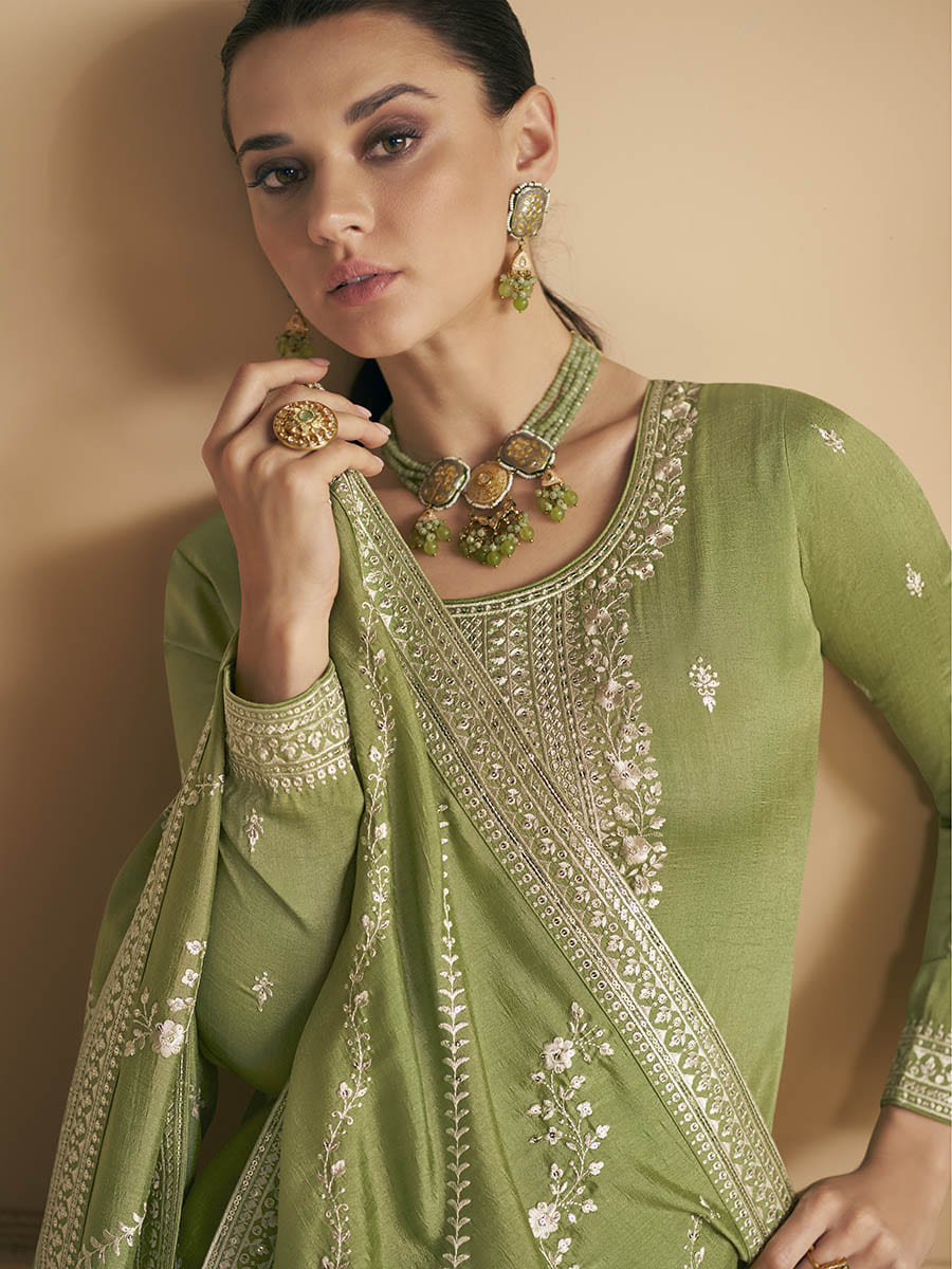 Myra Pista Green Premium Silk Embroidered Pant Style Suit | Grocsy