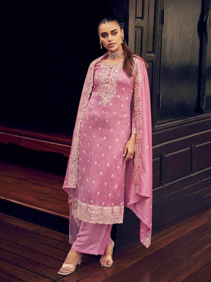Myra Dusty Pink Premium Silk Embroidered Suit | Grocsy