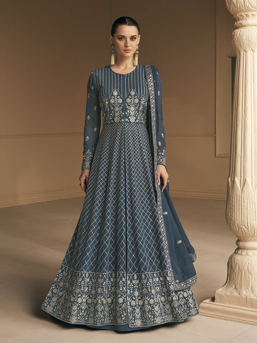 Myra Grey Georgette Embroidered Designer Suit | Grocsy