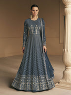 Myra Grey Georgette Embroidered Designer Suit | Grocsy