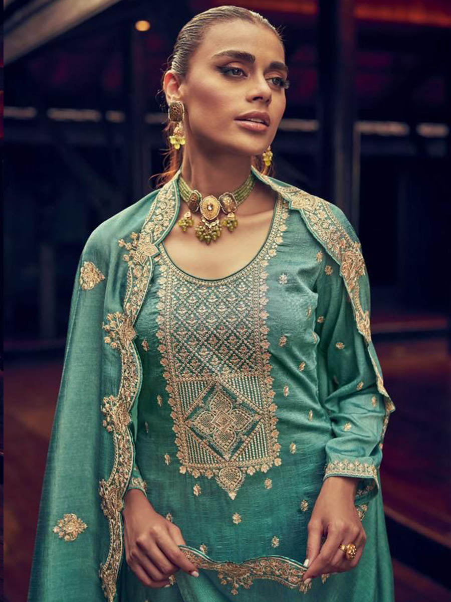 Myra MorePeach Premium Silk Embroidered Suit | Grocsy