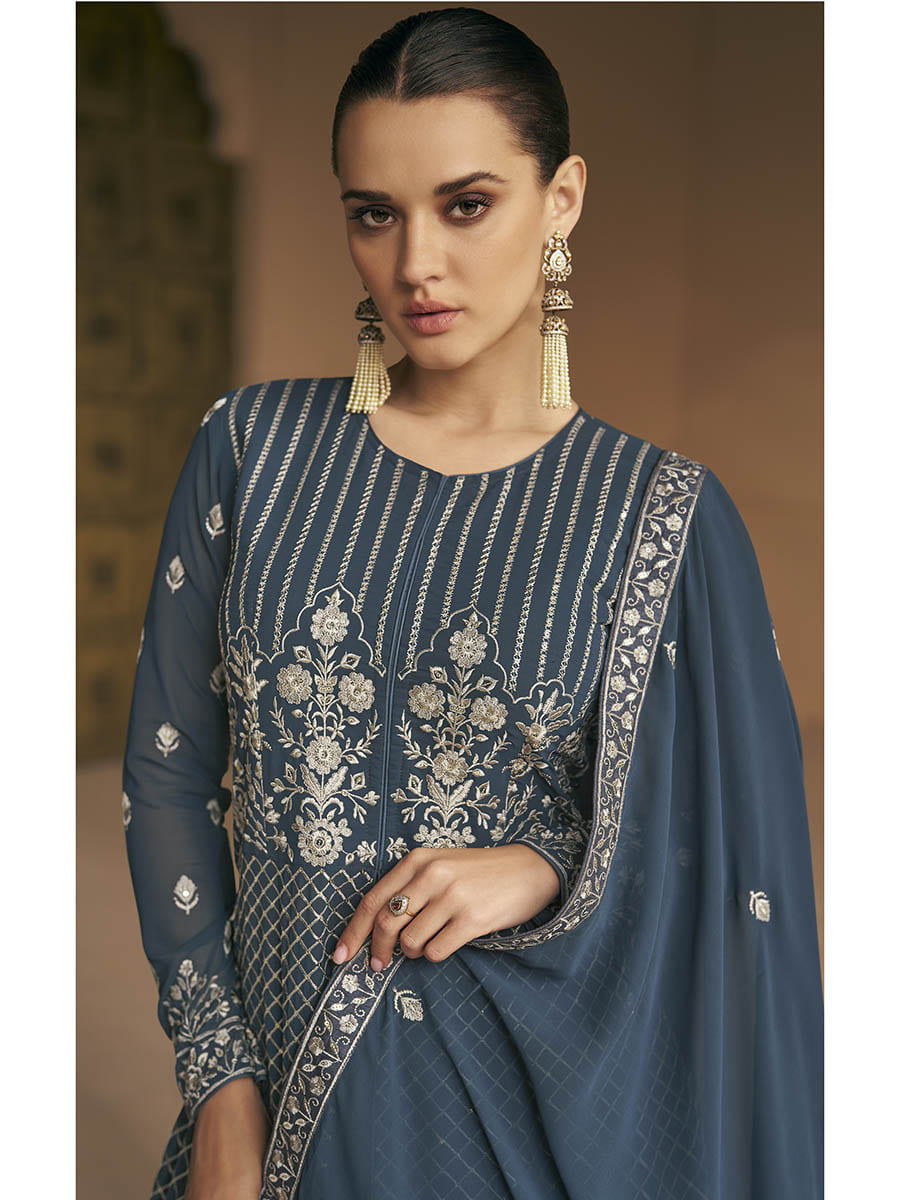 Myra Grey Georgette Embroidered Designer Suit | Grocsy