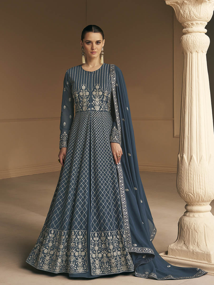 Myra Grey Georgette Embroidered Designer Suit | Grocsy