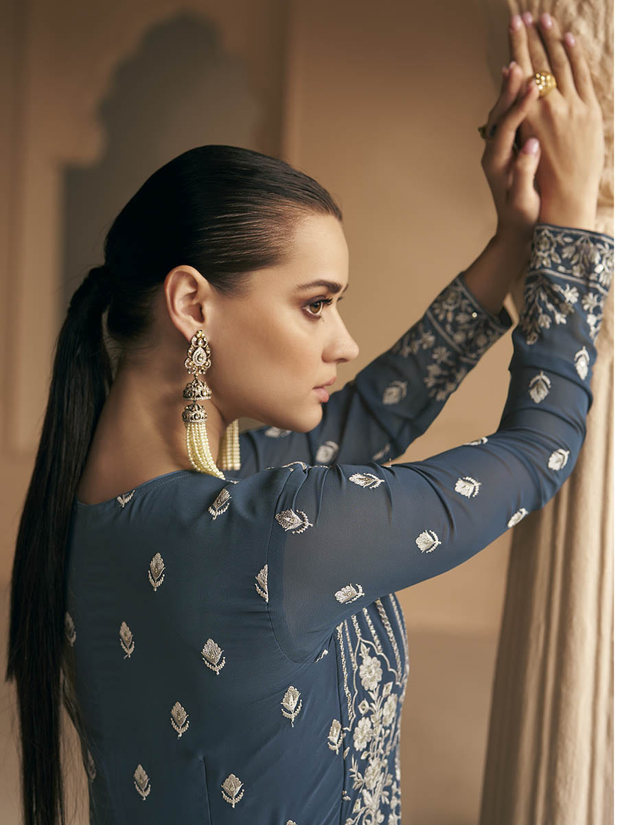 Myra Grey Georgette Embroidered Designer Suit | Grocsy