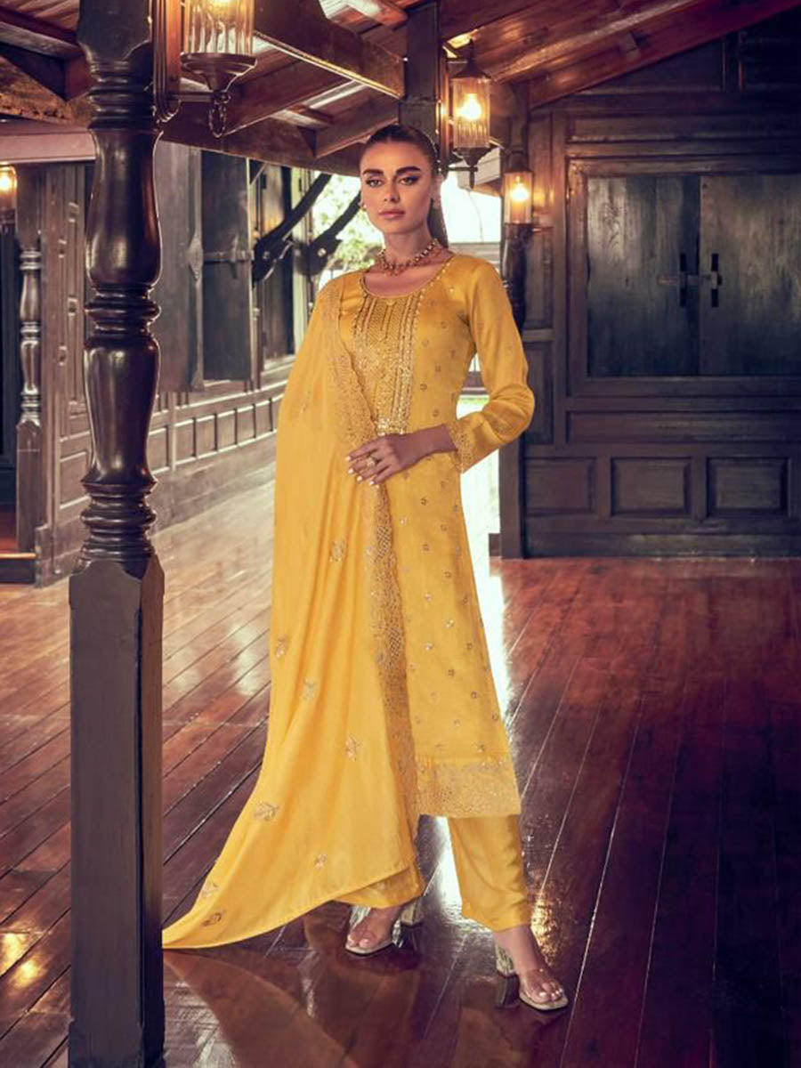 Myra Mustard Yellow Premium Silk Embroidered Suit | Grocsy