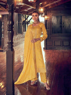 Myra Mustard Yellow Premium Silk Embroidered Suit | Grocsy