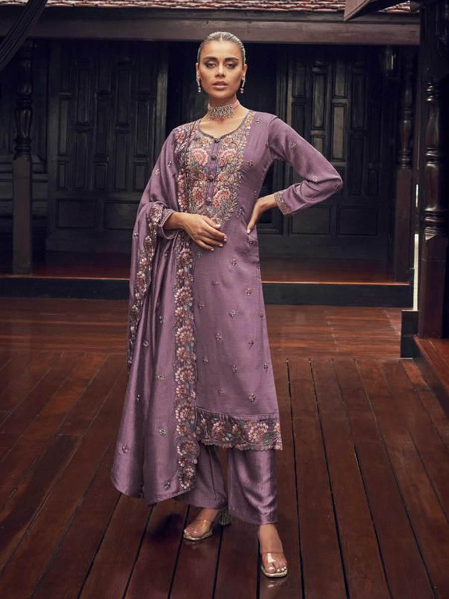 Myra Dusty Lilac Premium Silk Embroidered Suit | Grocsy