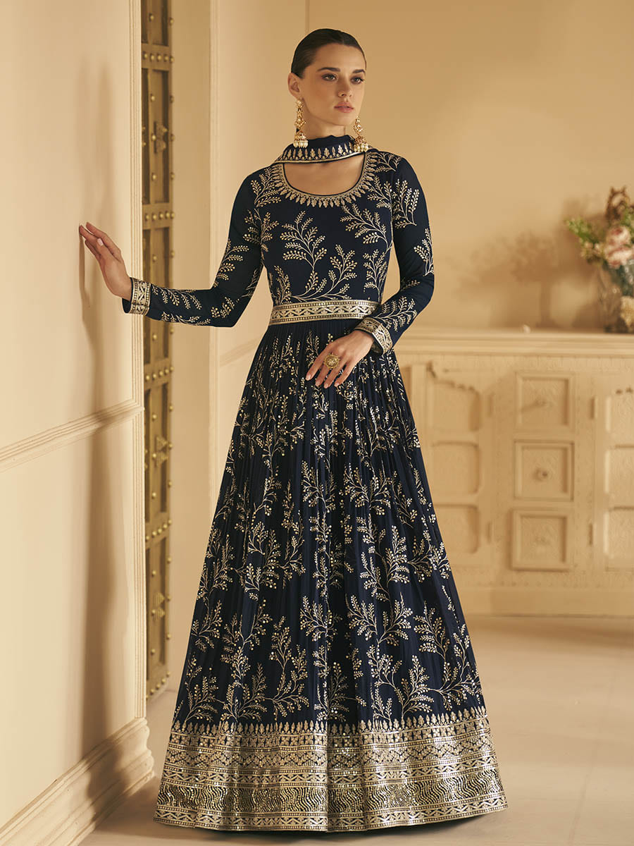 Myra Navy Blue Georgette Embroidered Designer Suit | Grocsy