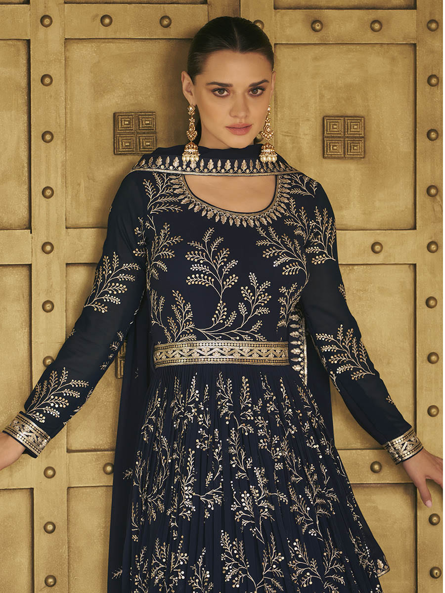 Myra Navy Blue Georgette Embroidered Designer Suit | Grocsy