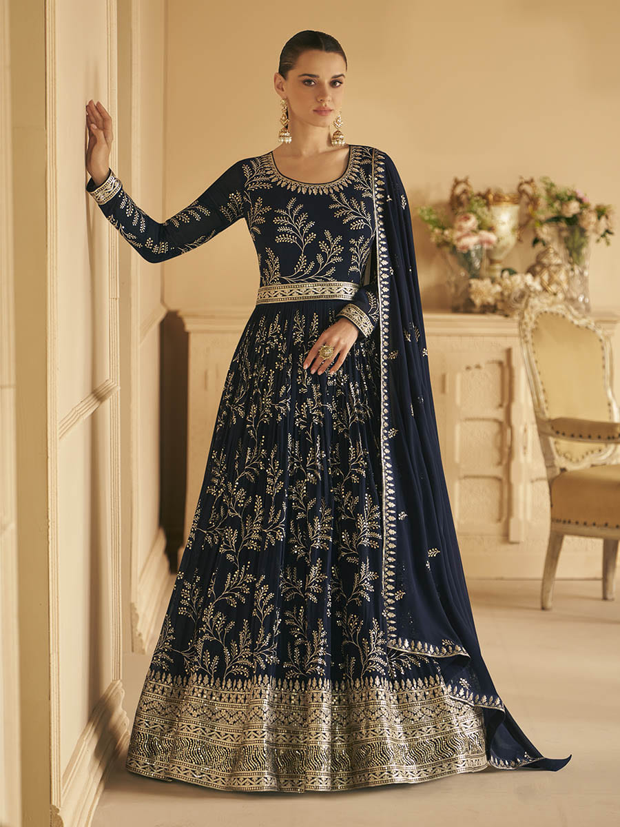 Myra Navy Blue Georgette Embroidered Designer Suit | Grocsy
